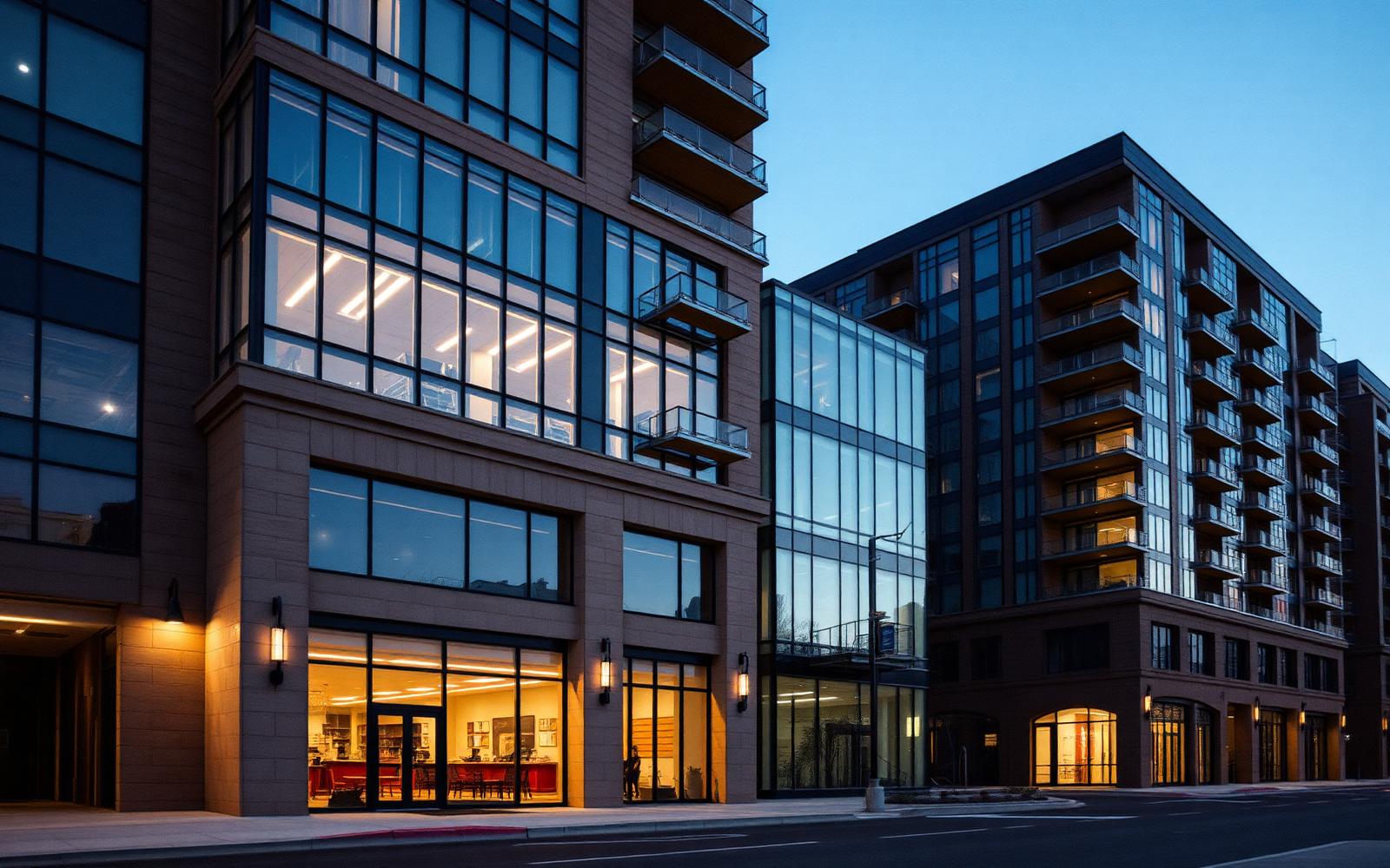 Mixed-use commercial and residential buildings at dusk